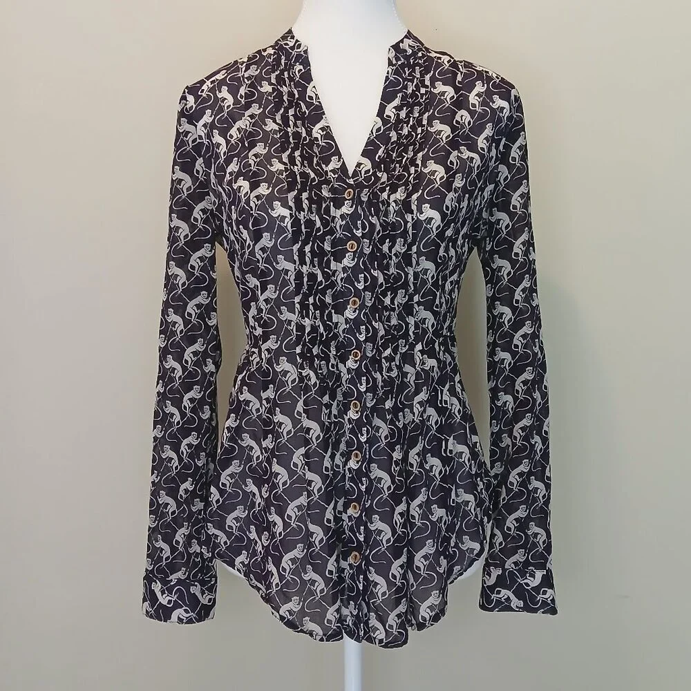 Maeve Animal Print Semi-Sheer Popover Blouse Eggplant Purple Size 2 - Picture 2 of 8
